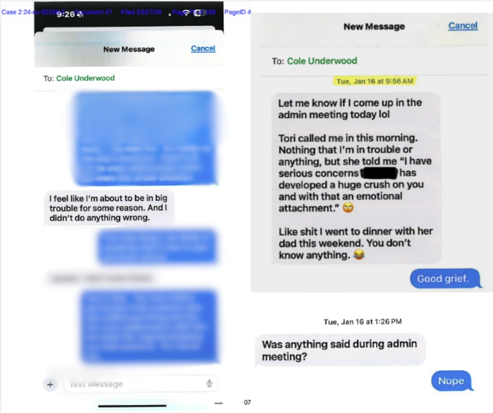 Communication between an administrator and Cole Underwood