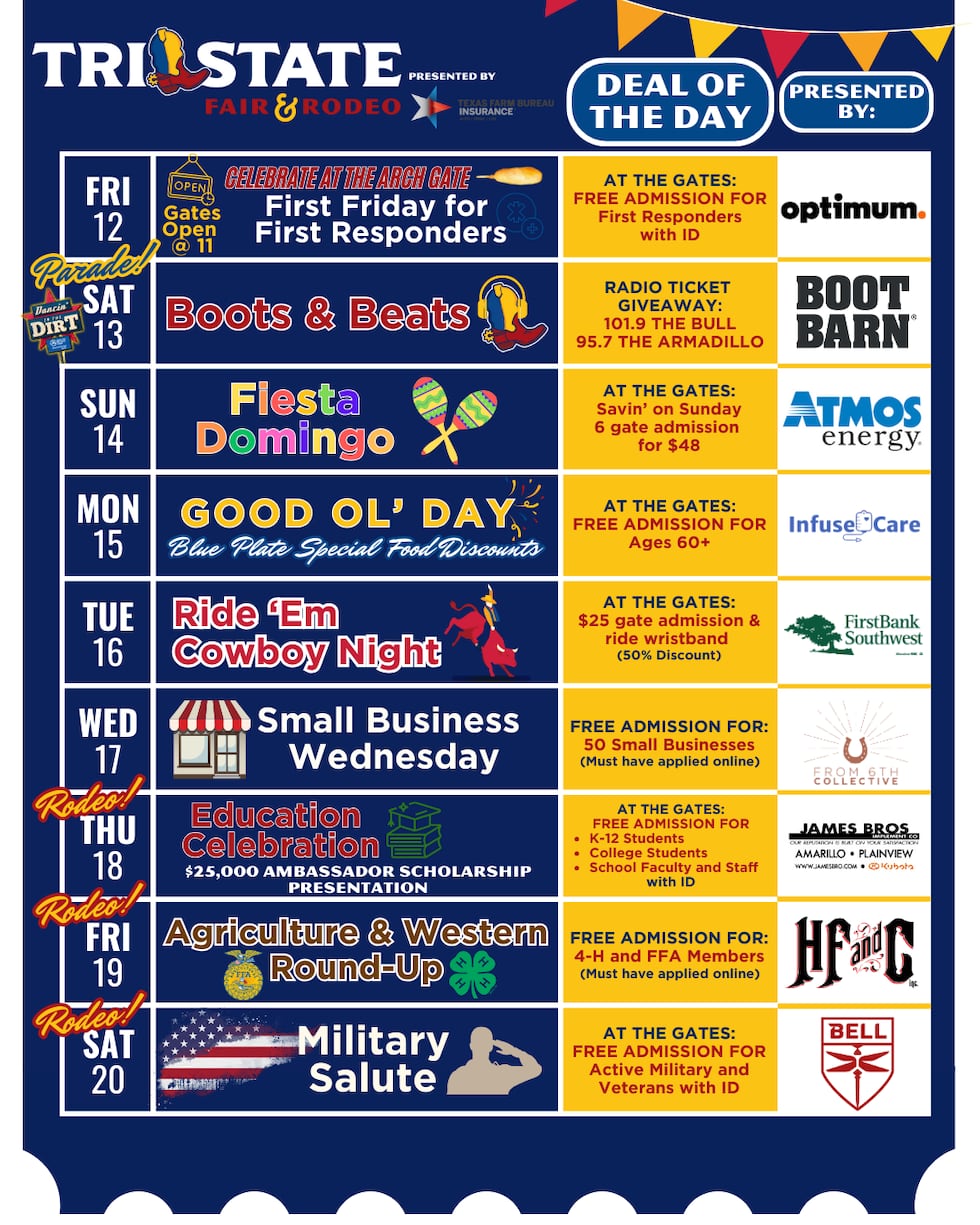 The Amarillo Tri-State Fair and Rodeo will feature special deals on admission each day.
