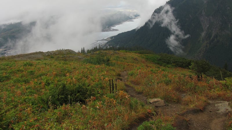 FILE - Clouds and fog hang in the area near and along Mount Roberts trail on Sept. 22, 2012,...