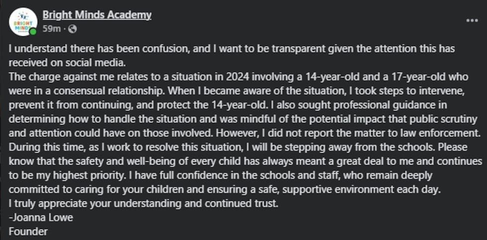 Joanna Lowe statement on Bright Minds Academy (Source: Bright Minds Academy Facebook)