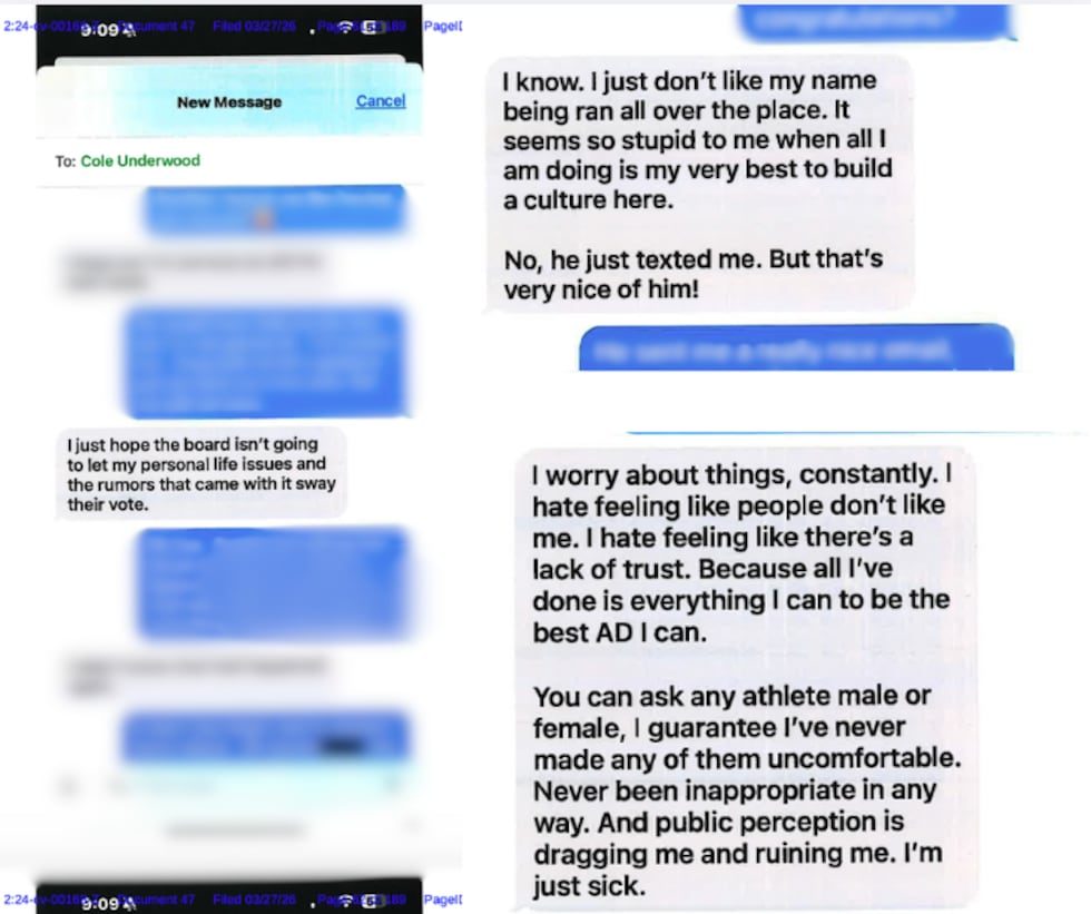 Messages between Perryton Junior High School principal and Cole Underwood.