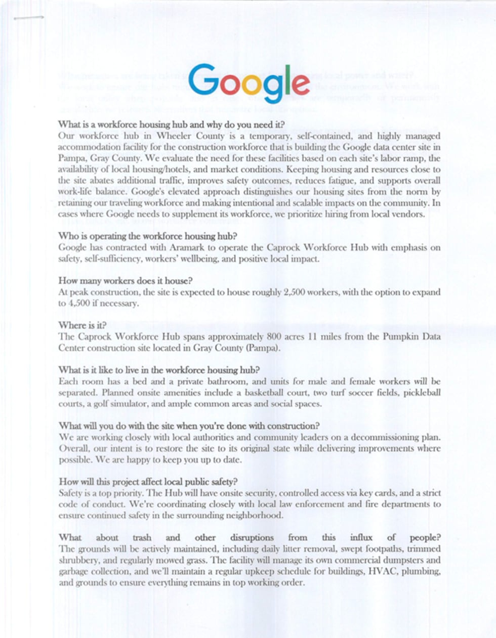 Google has contracted with a builder to construct a large housing unit in Wheeler County...