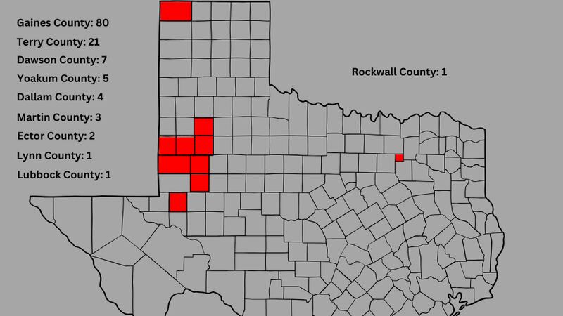 Mapa y números de casos confirmados de sarampión en Texas por condado