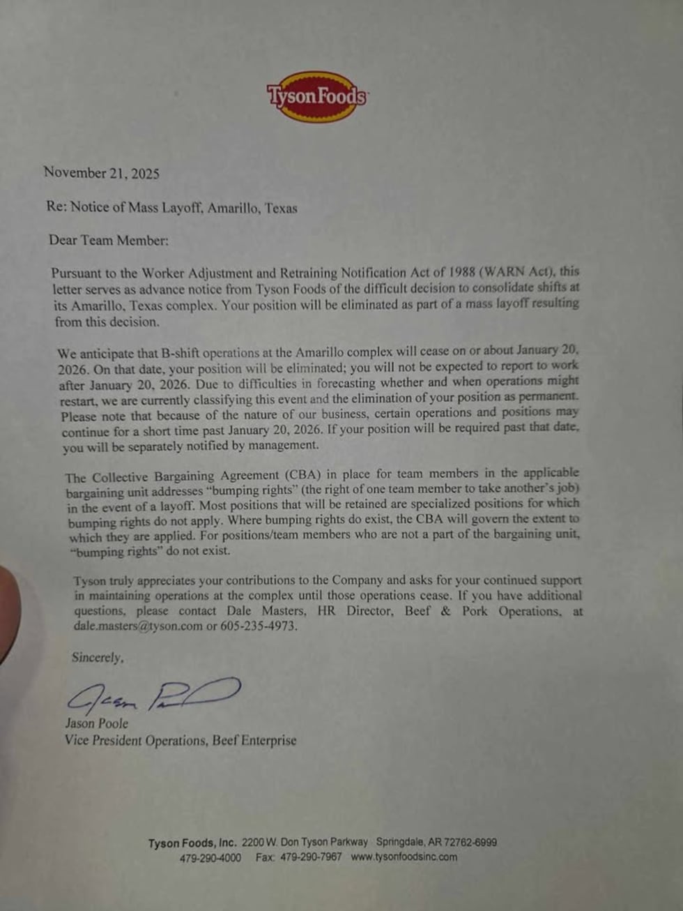 The Tyson Foods Amarillo location notified workers today of mass layoffs. (Source: Viewer Photo)